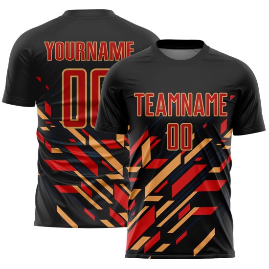 Red-Old Gold Custom Sublimation Soccer Black Uniform Lines Jersey Red-Old Gold Custom Sublimation Soccer Black Uniform Lines Jersey