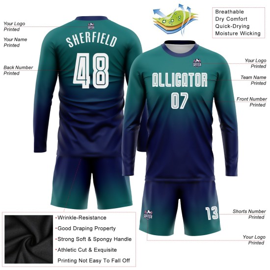 Teal Fade Uniform Sublimation Jersey Fashion Soccer White-Navy Custom Sleeve Long Teal Fade Uniform Sublimation Jersey Fashion Soccer White-Navy Custom Sleeve Long