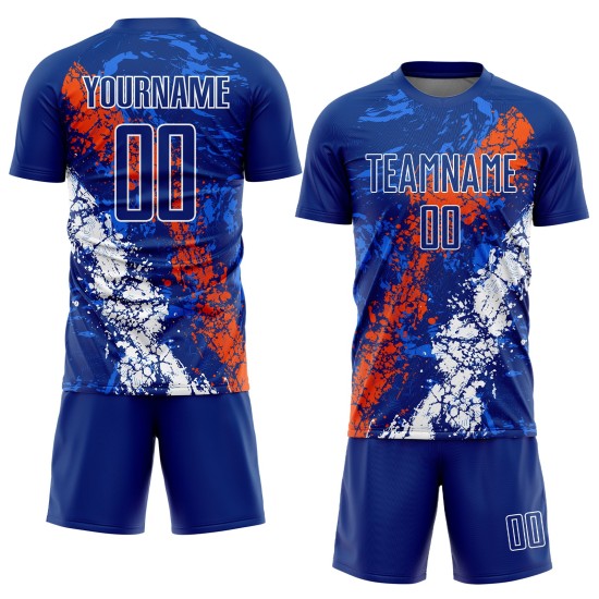 Sublimation Art Dripping Custom Uniform Soccer Splatter Jersey Royal Orange-White Sublimation Art Dripping Custom Uniform Soccer Splatter Jersey Royal Orange-White