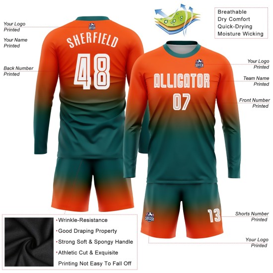 Jersey Fashion Sleeve Long Sublimation Fade White-Teal Orange Soccer Uniform Custom Jersey Fashion Sleeve Long Sublimation Fade White-Teal Orange Soccer Uniform Custom