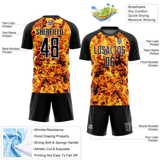 Yellow Custom Jersey Uniform Flame Black-White Sublimation Soccer Yellow Custom Jersey Uniform Flame Black-White Sublimation Soccer