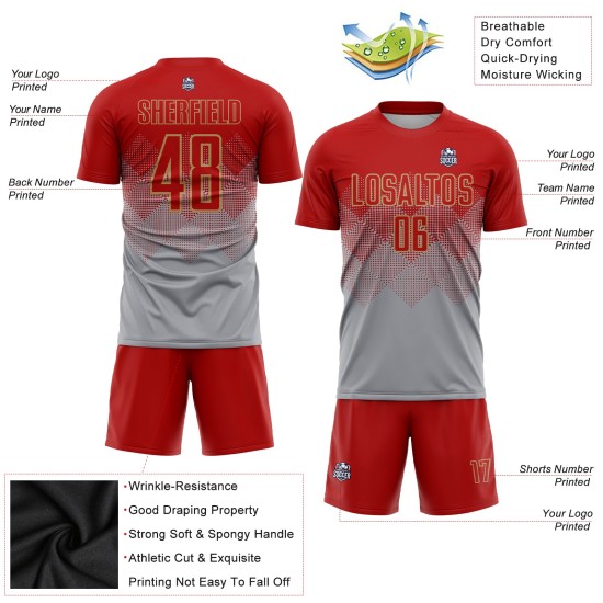 Soccer Jersey Custom Sublimation Gray Red-Old Gold Uniform Soccer Jersey Custom Sublimation Gray Red-Old Gold Uniform