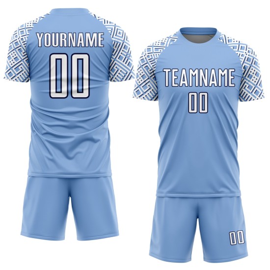 Custom Jersey Blue White-Navy Shape Soccer Uniform Geometric Light Sublimation Custom Jersey Blue White-Navy Shape Soccer Uniform Geometric Light Sublimation