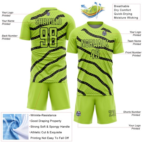 Soccer Uniform Green Black Sublimation Lines And Dots Custom Neon Jersey Soccer Uniform Green Black Sublimation Lines And Dots Custom Neon Jersey