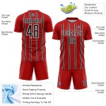 Custom Soccer Stripe Black-White Sublimation Jersey Red Line Uniform Custom Soccer Stripe Black-White Sublimation Jersey Red Line Uniform