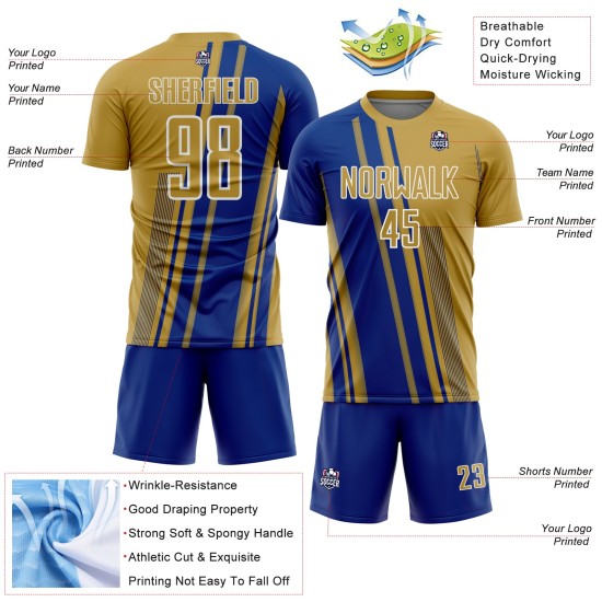 Gold Royal-White Uniform Sports Jersey Custom Soccer Lines Sublimation Old Gold Royal-White Uniform Sports Jersey Custom Soccer Lines Sublimation Old