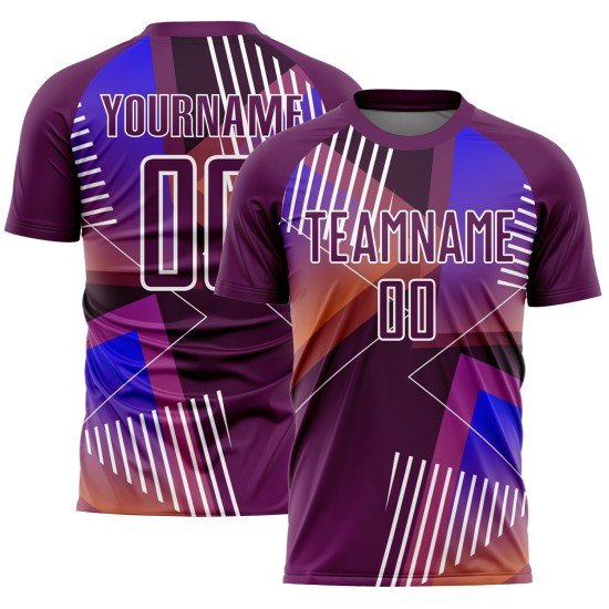 Uniform Purple Shapes Custom Sublimation Geometric White Soccer Jersey Uniform Purple Shapes Custom Sublimation Geometric White Soccer Jersey