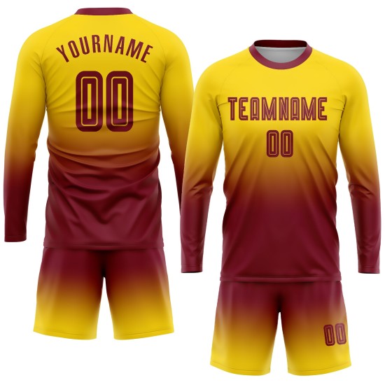 Sleeve Fashion Custom Long Uniform Fade Soccer Sublimation Jersey Crimson Gold Sleeve Fashion Custom Long Uniform Fade Soccer Sublimation Jersey Crimson Gold