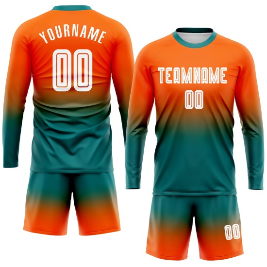 Jersey Fashion Sleeve Long Sublimation Fade White-Teal Orange Soccer Uniform Custom Jersey Fashion Sleeve Long Sublimation Fade White-Teal Orange Soccer Uniform Custom