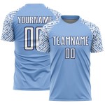 Custom Jersey Blue White-Navy Shape Soccer Uniform Geometric Light Sublimation Custom Jersey Blue White-Navy Shape Soccer Uniform Geometric Light Sublimation