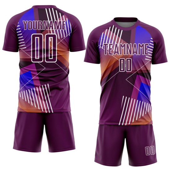 Uniform Purple Shapes Custom Sublimation Geometric White Soccer Jersey Uniform Purple Shapes Custom Sublimation Geometric White Soccer Jersey