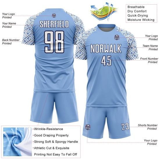 Custom Jersey Blue White-Navy Shape Soccer Uniform Geometric Light Sublimation Custom Jersey Blue White-Navy Shape Soccer Uniform Geometric Light Sublimation