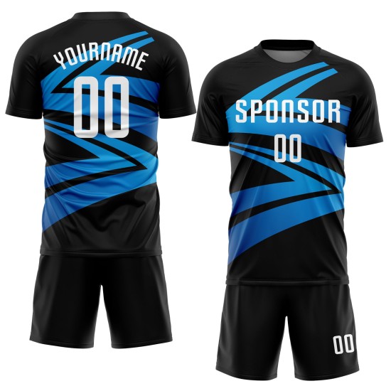 Black Sublimation Jersey White-Light Blue Custom Uniform Soccer Black Sublimation Jersey White-Light Blue Custom Uniform Soccer