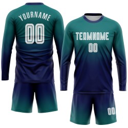 Teal Fade Uniform Sublimation Jersey Fashion Soccer White-Navy Custom Sleeve Long