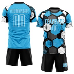 Custom Soccer Jersey Uniform Shape Sublimation Black Geometric Blue-White Sky Custom Soccer Jersey Uniform Shape Sublimation Black Geometric Blue-White Sky