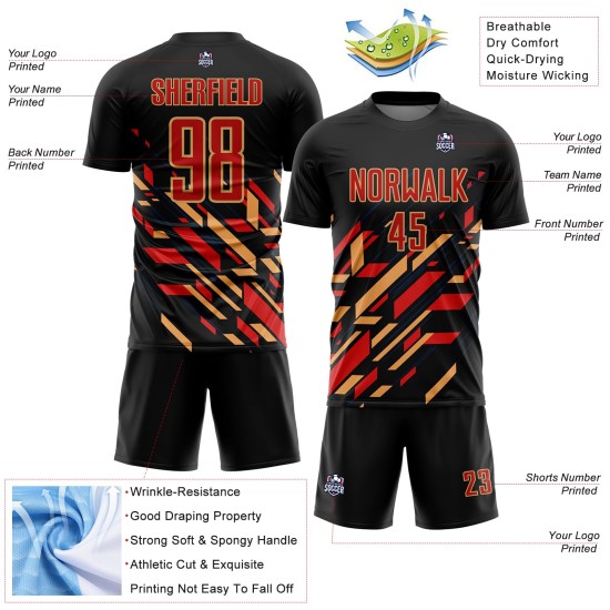 Red-Old Gold Custom Sublimation Soccer Black Uniform Lines Jersey Red-Old Gold Custom Sublimation Soccer Black Uniform Lines Jersey
