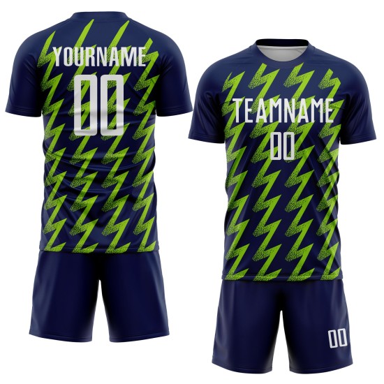Sublimation White-Neon Custom Soccer Uniform Navy Zigzag Jersey Shape Green Sublimation White-Neon Custom Soccer Uniform Navy Zigzag Jersey Shape Green