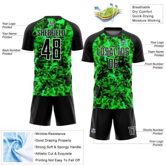 Jersey Soccer Black Custom Sublimation Grass Green-White Uniform Flame Jersey Soccer Black Custom Sublimation Grass Green-White Uniform Flame