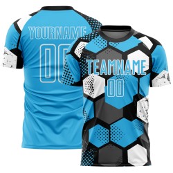 Custom Soccer Jersey Uniform Shape Sublimation Black Geometric Blue-White Sky