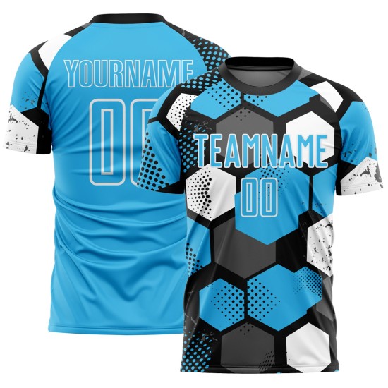 Custom Soccer Jersey Uniform Shape Sublimation Black Geometric Blue-White Sky Custom Soccer Jersey Uniform Shape Sublimation Black Geometric Blue-White Sky