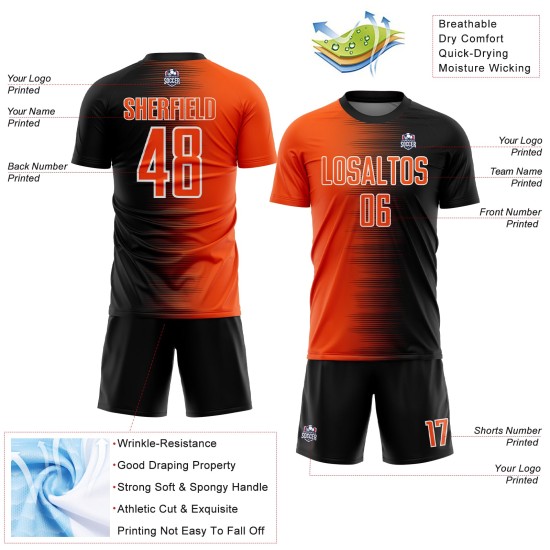 Soccer Gradient Custom Jersey Orange-White Sublimation Line Uniform Black Soccer Gradient Custom Jersey Orange-White Sublimation Line Uniform Black