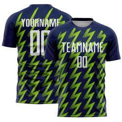 Sublimation White-Neon Custom Soccer Uniform Navy Zigzag Jersey Shape Green