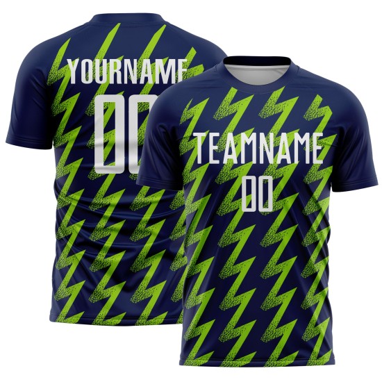 Sublimation White-Neon Custom Soccer Uniform Navy Zigzag Jersey Shape Green Sublimation White-Neon Custom Soccer Uniform Navy Zigzag Jersey Shape Green