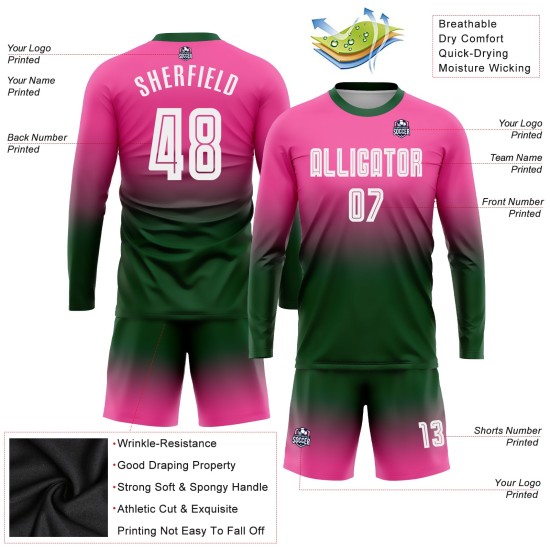 Sublimation Custom Soccer Jersey Pink Fade Uniform White-Green Long Sleeve Fashion