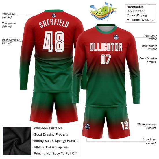 Soccer Fade Green White-Kelly Jersey Sublimation Uniform Red Custom Fashion Sleeve Long Soccer Fade Green White-Kelly Jersey Sublimation Uniform Red Custom Fashion Sleeve Long