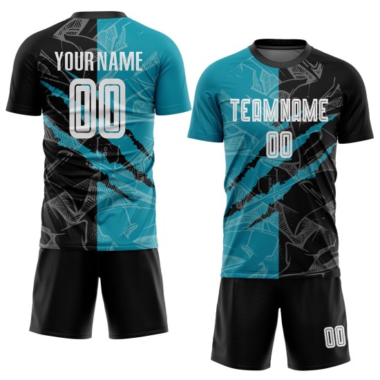 Soccer Pattern Uniform Graffiti Sublimation Black-Teal Jersey Custom Scratch Soccer Pattern Uniform Graffiti Sublimation Black-Teal Jersey Custom Scratch