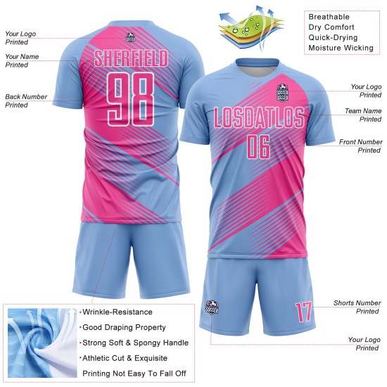 Soccer Uniform Sublimation Light Blue Custom Line Pink-White Jersey Soccer Uniform Sublimation Light Blue Custom Line Pink-White Jersey