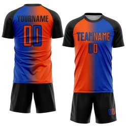 Fashion Soccer Custom Uniform Thunder Sublimation Jersey Gradient Orange-Black Blue Fashion Soccer Custom Uniform Thunder Sublimation Jersey Gradient Orange-Black Blue