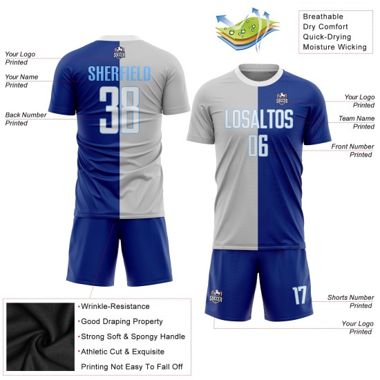 Split Fashion White-Gray Jersey Custom Royal Uniform Sublimation Soccer Split Fashion White-Gray Jersey Custom Royal Uniform Sublimation Soccer