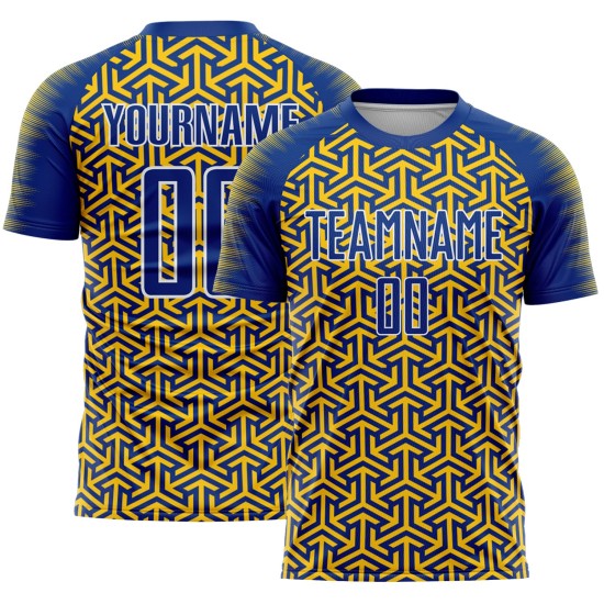 Custom Geometric Jersey Soccer Arrow Royal Yellow-White Uniform Sublimation Custom Geometric Jersey Soccer Arrow Royal Yellow-White Uniform Sublimation