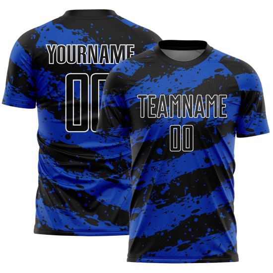 Sublimation Black Custom Blue-White Splash Jersey Thunder Uniform Soccer Sublimation Black Custom Blue-White Splash Jersey Thunder Uniform Soccer