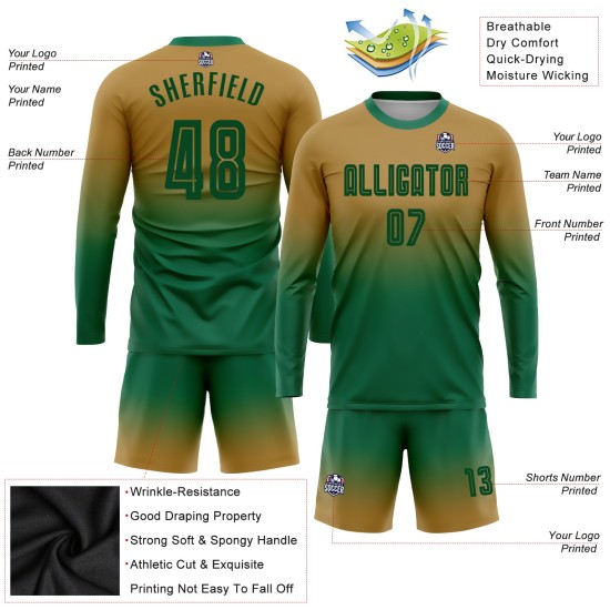 Sleeve Jersey Sublimation Gold Fashion Soccer Fade Kelly Green Old Uniform Long Custom Sleeve Jersey Sublimation Gold Fashion Soccer Fade Kelly Green Old Uniform Long Custom