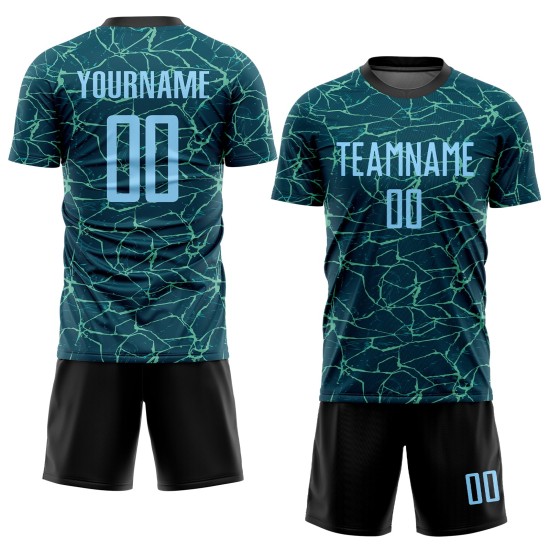 Sublimation Teal Light Soccer Uniform Jersey Custom Blue-Black Sublimation Teal Light Soccer Uniform Jersey Custom Blue-Black