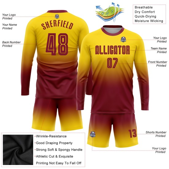 Sleeve Fashion Custom Long Uniform Fade Soccer Sublimation Jersey Crimson Gold Sleeve Fashion Custom Long Uniform Fade Soccer Sublimation Jersey Crimson Gold