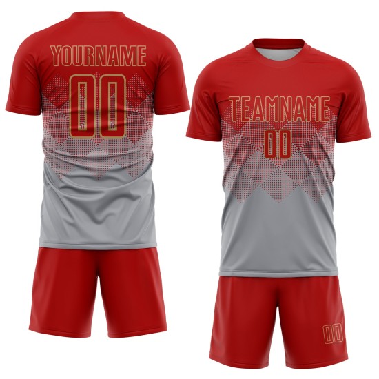 Soccer Jersey Custom Sublimation Gray Red-Old Gold Uniform Soccer Jersey Custom Sublimation Gray Red-Old Gold Uniform