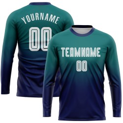 Teal Fade Uniform Sublimation Jersey Fashion Soccer White-Navy Custom Sleeve Long