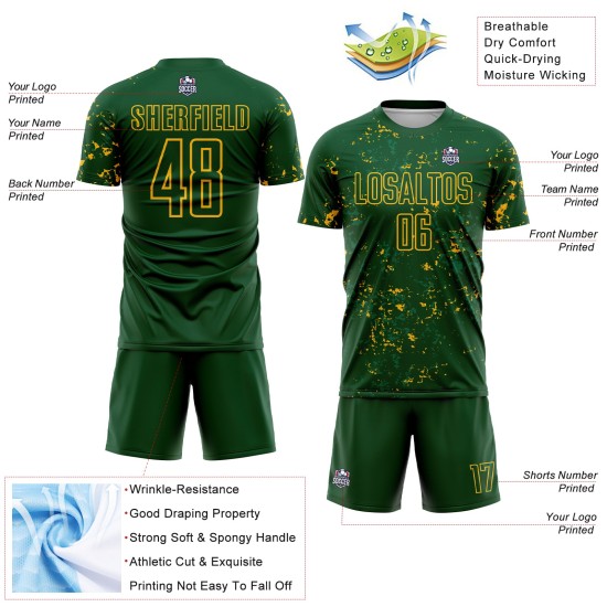 Abstract Sublimation Green Art Fragment Custom Jersey Uniform Green Soccer Gold-Kelly