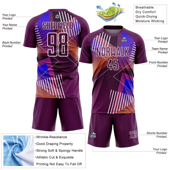 Uniform Purple Shapes Custom Sublimation Geometric White Soccer Jersey Uniform Purple Shapes Custom Sublimation Geometric White Soccer Jersey