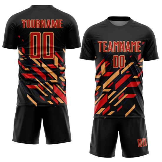 Red-Old Gold Custom Sublimation Soccer Black Uniform Lines Jersey Red-Old Gold Custom Sublimation Soccer Black Uniform Lines Jersey