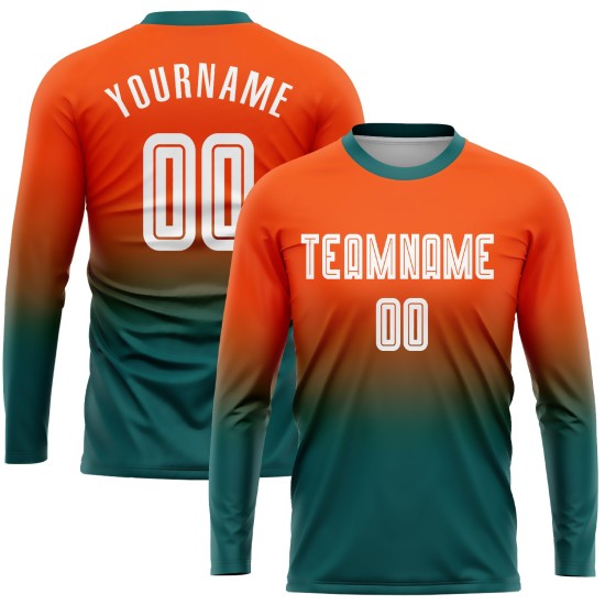 Jersey Fashion Sleeve Long Sublimation Fade White-Teal Orange Soccer Uniform Custom Jersey Fashion Sleeve Long Sublimation Fade White-Teal Orange Soccer Uniform Custom