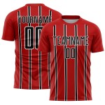 Custom Soccer Stripe Black-White Sublimation Jersey Red Line Uniform Custom Soccer Stripe Black-White Sublimation Jersey Red Line Uniform