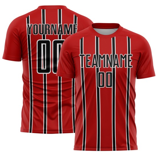 Custom Soccer Stripe Black-White Sublimation Jersey Red Line Uniform Custom Soccer Stripe Black-White Sublimation Jersey Red Line Uniform