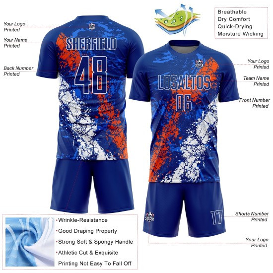 Sublimation Art Dripping Custom Uniform Soccer Splatter Jersey Royal Orange-White Sublimation Art Dripping Custom Uniform Soccer Splatter Jersey Royal Orange-White