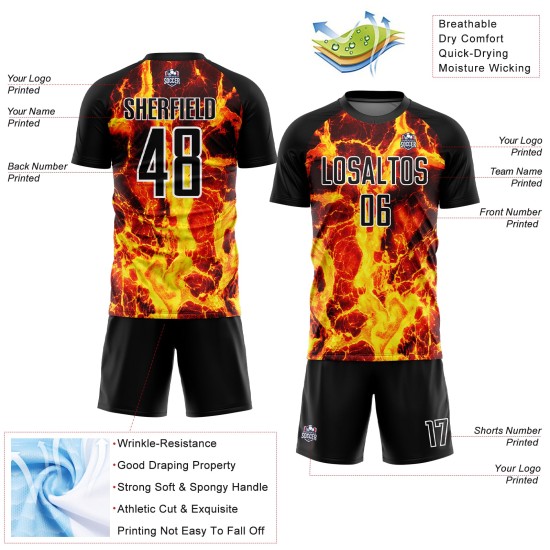 Uniform Jersey Soccer Gold-White Custom Black Flame Sublimation Uniform Jersey Soccer Gold-White Custom Black Flame Sublimation