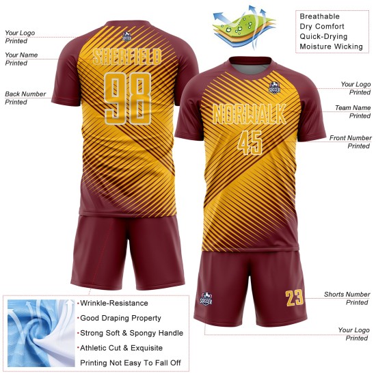 Burgundy Jersey Soccer Custom Line Gold-White Uniform Sublimation Burgundy Jersey Soccer Custom Line Gold-White Uniform Sublimation