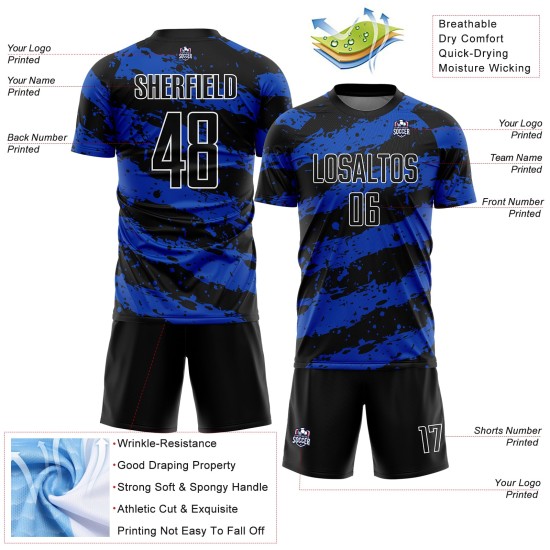 Sublimation Black Custom Blue-White Splash Jersey Thunder Uniform Soccer Sublimation Black Custom Blue-White Splash Jersey Thunder Uniform Soccer